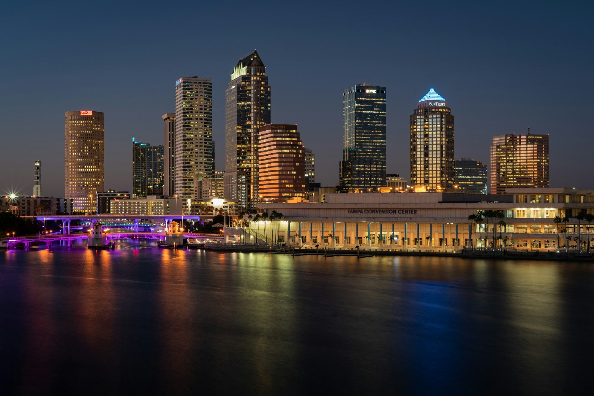 Tampa Riverwalk skyline at dusk