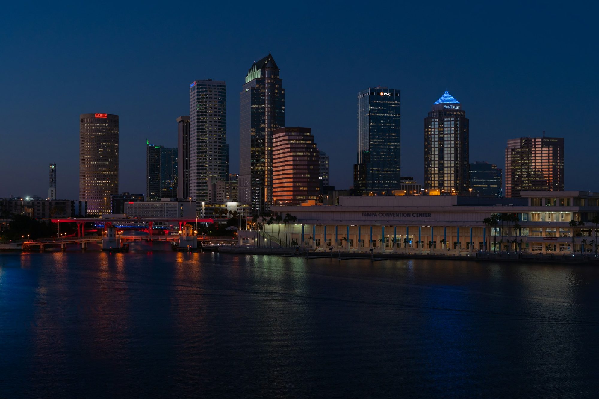 Tampa skyline reflected in the water at night